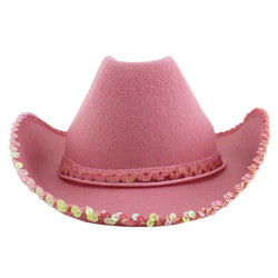 Palarie cowgirl, boruri si banda cu paiete, roz