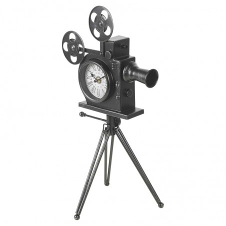 Ceas metal retro, forma camera video cu trepied si 2 role film, dimensiune 30x29x53 cm