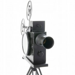 Ceas metal retro, forma camera video cu trepied si 2 role film, dimensiune 30x29x53 cm