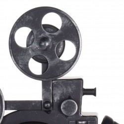 Ceas metal retro, forma camera video cu trepied si 2 role film, dimensiune 30x29x53 cm