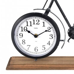 Ceas de masa metalic, forma bicicleta, suport de lemn, dimensiune 42x7.5x28.5 cm