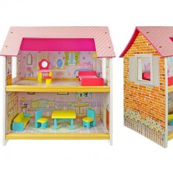 Casuta de papusi din lemn, 2 nivele, accesorii colorate dormitor si sufragerie