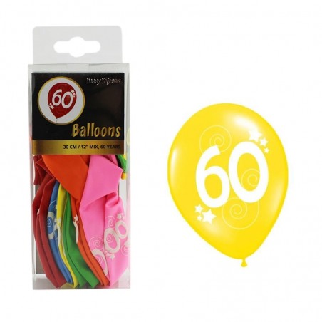 Set 12 baloane aniversare cu imprimeu 60, latex, mix de culori