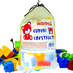 Cuburi de construit, 320 piese diverse culori si forme, sac de depozitare