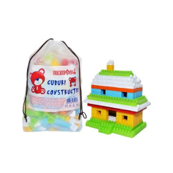 Cuburi de construit, 320 piese diverse culori si forme, sac de depozitare