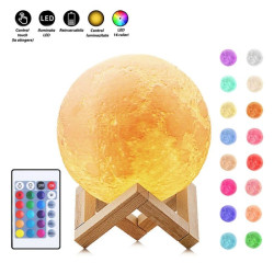 Lampa de veghe luna 3D 20 cm, 16 culori, telecomanda, suport lemn, reincarcabila USB