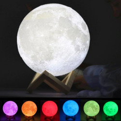 Lampa de veghe luna 3D 20 cm, 16 culori, telecomanda, suport lemn, reincarcabila USB