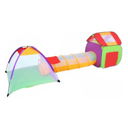 Loc de joaca 3 in 1, cort cu tunel de legatura si cub pliabil, lungime 375 cm, 100 bile