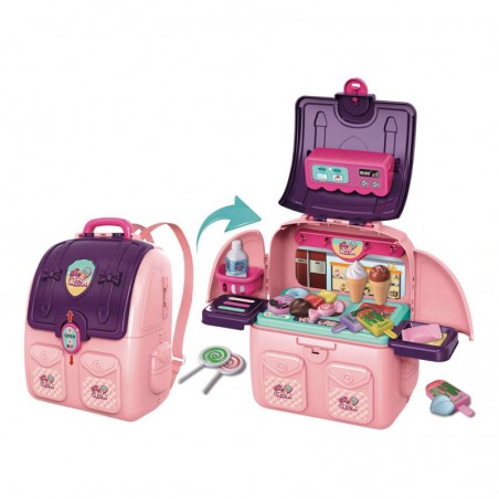 Mini bucatarie pentru copii, masuta inghetata cu 18 accesorii in ghiozdanel roz