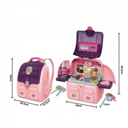 Mini bucatarie pentru copii, masuta inghetata cu 18 accesorii in ghiozdanel roz