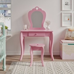 Masa de toaleta pentru fetite, 71x50x108 cm, scaun si oglinda, sertar, roz
