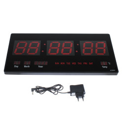 Ceas digital perete, afisaj LED, ora 12/24, calendar, temperatura, negru