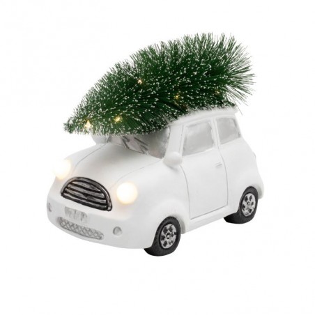 Figurina ceramica ornamentala, masina cu brad, iluminata LED