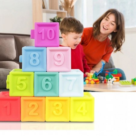 Cuburi moi constructie, jucarie senzoriala, dentitie, set 10 bucati multicolore