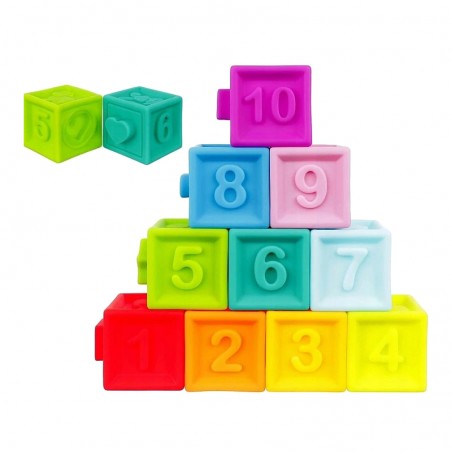 Cuburi moi constructie, jucarie senzoriala, dentitie, set 10 bucati multicolore