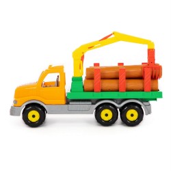 Camion jucarie gigant, cu lemne, 47x16x26 cm, remorca, macara mobila