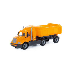 Camion cu semiremorca, 6 roti, oblon rabatabil, bena basculabila, galben, 66x19x23 cm