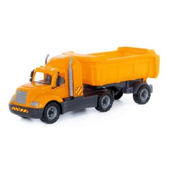 Camion cu semiremorca, 6 roti, oblon rabatabil, bena basculabila, galben, 66x19x23 cm