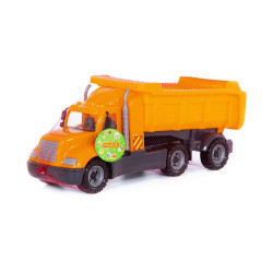Camion cu semiremorca, 6 roti, oblon rabatabil, bena basculabila, galben, 66x19x23 cm