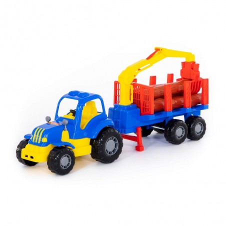 Tractor jucarie cu remorca si lemne, macara 2 brate, 47x13x20 cm