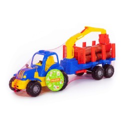 Tractor jucarie cu remorca si lemne, macara 2 brate, 47x13x20 cm