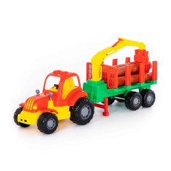 Tractor jucarie cu remorca si lemne, macara 2 brate, 47x13x20 cm