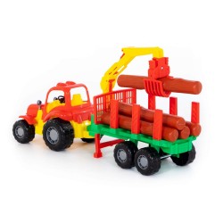 Tractor jucarie cu remorca si lemne, macara 2 brate, 47x13x20 cm