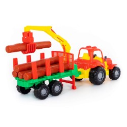 Tractor jucarie cu remorca si lemne, macara 2 brate, 47x13x20 cm