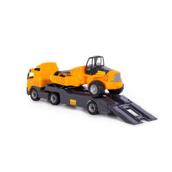 Camion trailer cu 6 roti, cilindru asfalt inclus pe platforma, galben, 89x19x25 cm