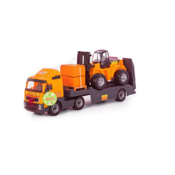 Camion trailer cu stivuitor pe platforma, palet de cuburi inclus, stivuitor cu furci mobile, 89x19x25 cm