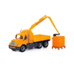 Camion jucarie cu macara extensibila, palet cuburi constructii, 53x19x26 cm, galben