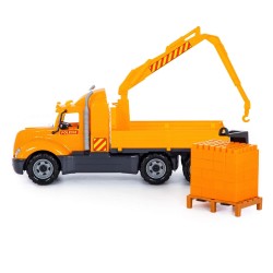 Camion jucarie cu macara extensibila, palet cuburi constructii, 53x19x26 cm, galben