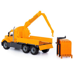 Camion jucarie cu macara extensibila, palet cuburi constructii, 53x19x26 cm, galben
