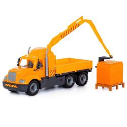 Camion jucarie cu macara extensibila, palet cuburi constructii, 53x19x26 cm, galben