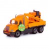 Camion jucarie cu macara extensibila, palet cuburi constructii, 53x19x26 cm, galben