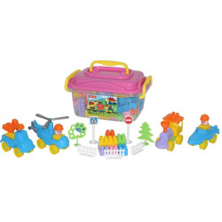 Set 128 cuburi constructii, 4 vehicule jucarie, cutie depozitare 37x24x21 cm