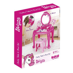 Masuta de machiaj, 15 accesorii, oglinda si scaun, roz