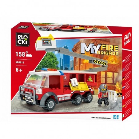 Blocuri de constructie, camion pompieri cu lift, 1 figurina pompier inclusa, 158 piese