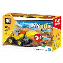 Blocuri de constructii, masina cu incarcator 3 in 1, cupa mobila, 52 piese, galben