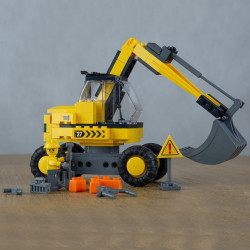 Blocuri de constructie, excavator pe roti, brat mobil, 126 piese