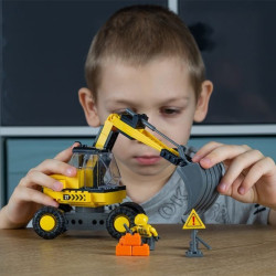 Blocuri de constructie, excavator pe roti, brat mobil, 126 piese