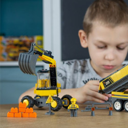 Blocuri de constructie, excavator pe roti, brat mobil, 126 piese