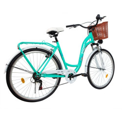 Bicicleta dama, 28 inch, schimbator Shimano 7 viteze, cadru otel, V-Brake, cos si portbagaj, turcoaz