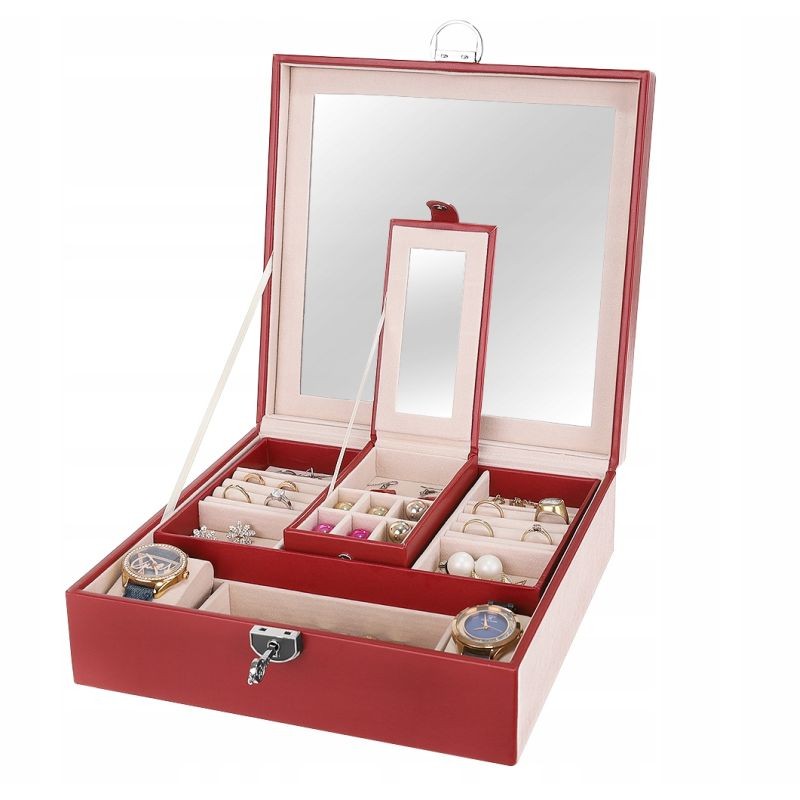 Caseta pentru ceasuri si bijuterii, compartimente pe 2 nivele, inchidere cheie, design elegant, 25x30 cm, RESIGILAT Caseta pentru ceasuri si bijuterii, compartimente pe 2 nivele, inchidere cheie, design elegant, 25x30 cm, RESIGILAT