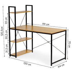 Birou cu biblioteca 120x64x70 cm, 4 rafturi laterale, lemn si metal, stil industrial