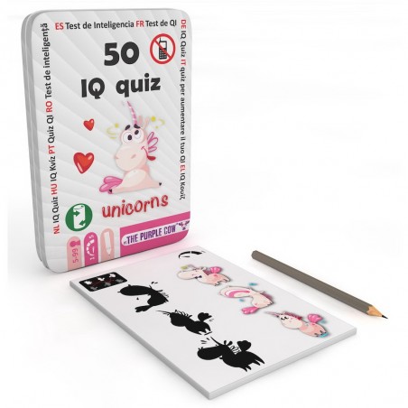 Joc 50 teste de inteligenta, tematica unicorn, IQ quiz, creion inclus