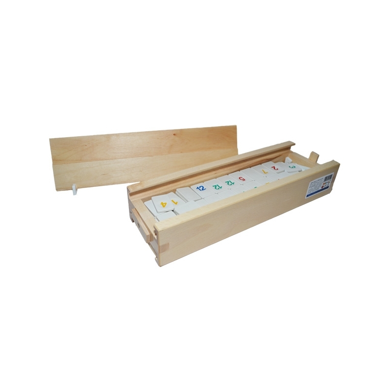 Joc remi cutie lemn, 106 piese din plastic inscriptionate Joc remi cutie lemn, 106 piese din plastic inscriptionate