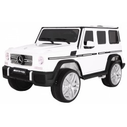 Masinuta electrica Mercedes AMG G65, 2 locuri, 2 motoare, roti spuma EVA, alb
