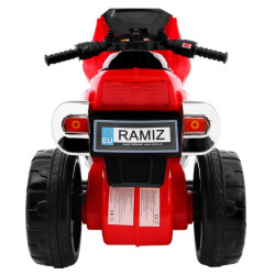 Motocicleta electrica RR1000 rosie, 30W, 6V/4,5Ah, roti plastic, lumini, comutator muzica, portbagaj cu deschidere