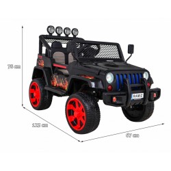 Masinuta electrica Jeep Raptor Drifter 4x4, roti spuma EVA, 4 motoare, 2 locuri, Bluetooth, negru, flacari
